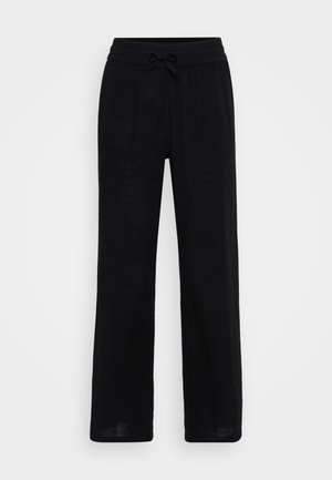 Černé lněné kalhoty s širokými nohavicemi, elastickým pasem a šňůrkou. Hladká textura, prodyšná tkanina a celkový design.