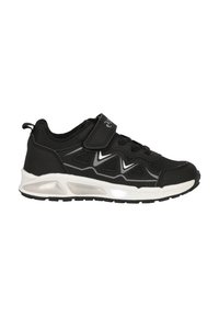 Schwarzer Sportschuh aus Mesh- und Synthetikmaterialien, mit einem gepolsterten Kragen, einem Klettverschluss und einer weißen Zwischensohle mit strukturierten Außensohlen.