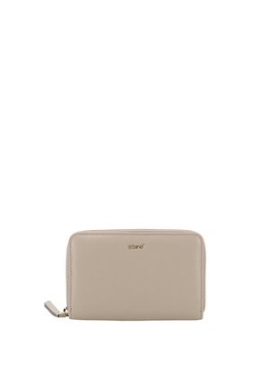 Beige rectangular leather wallet with gold zipper and small gold logo centered near the top front.