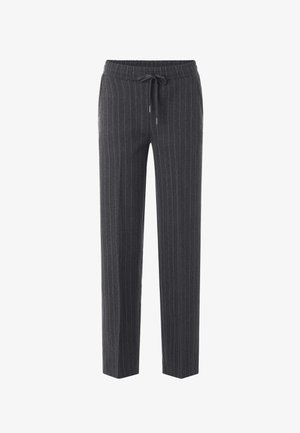 Dark gray pinstripe drawstring pants with elastic waist and straight legs.