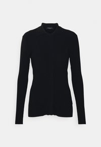 Svart långärmad stickad kofta med krage och rak passform, med en subtil ribbad textur utan synliga knäppningar.