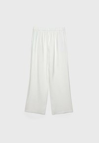 Witte, wijde broek van lichtgewicht stof met een elastieken tailleband en zonder zichtbare patronen. Soepele textuur, rechte snit.