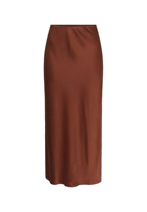 Gonna marrone a vita alta, lunghezza alla caviglia, in tessuto liscio e leggermente lucido, con un taglio dritto.