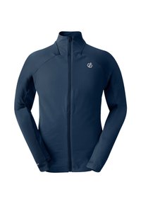 Giacca sportiva navy con colletto alto, zip completa e maniche lunghe. Presenta un tessuto testurizzato e un logo sul lato sinistro del petto.