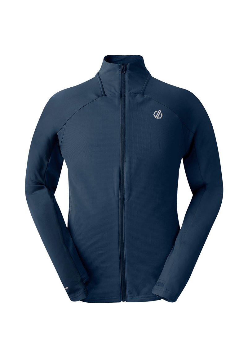 Giacca sportiva navy con colletto alto, zip completa e maniche lunghe. Presenta un tessuto testurizzato e un logo sul lato sinistro del petto.