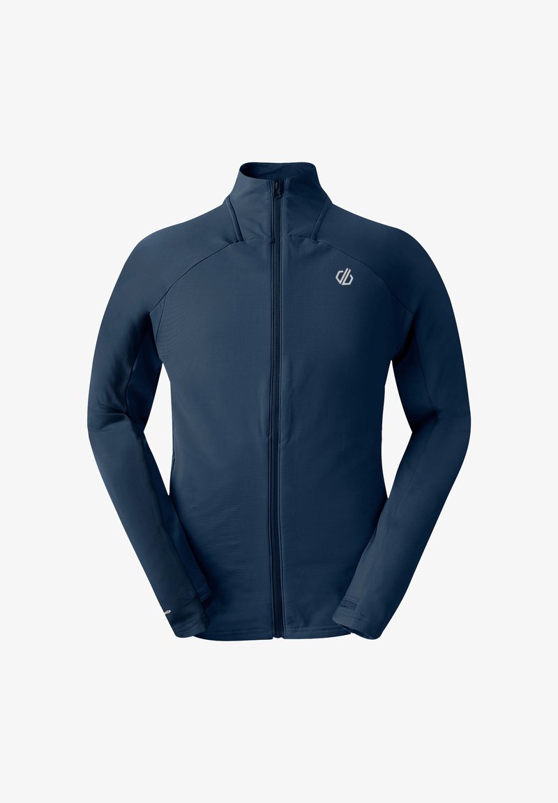 Giacca sportiva navy con colletto alto, zip completa e maniche lunghe. Presenta un tessuto testurizzato e un logo sul lato sinistro del petto.