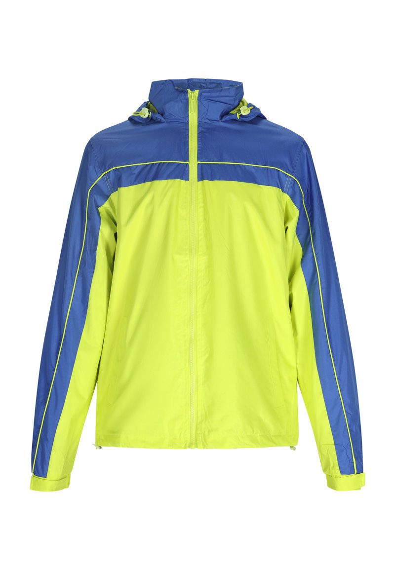Giacca ad alta visibilità in giallo brillante e blu. Caratterizzata da una chiusura a zip frontale, cappuccio regolabile e dettagli riflettenti sulle spalle e ai lati.