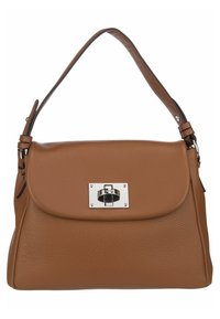 Brun læderhandtaske med en struktureret form, glat tekstur og et sølvfarvet hardware-lås. Har et enkelt håndtag og sidezipper.