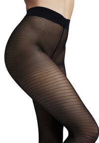 Sorte stribede strømpebukser med en glat tekstur og elastisk talje, der har et semi-transparent design med lodrette linjer og en slank pasform.