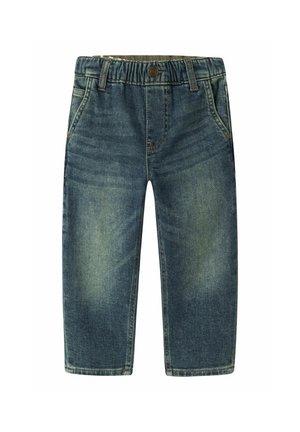 Børns blå denimjeans med elastisk linning, forlommer og knaplukning, som viser lyse falmede områder på lår og knæ.