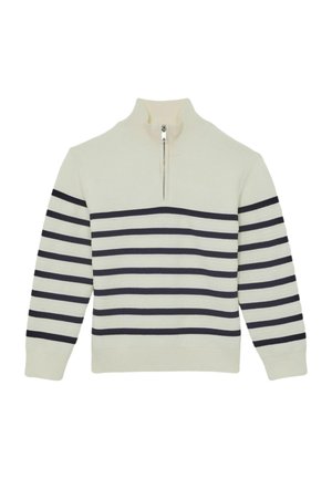 Pull en maille crème avec des rayures horizontales bleu marine, un col montant et une demi-fermeture zippée à l'avant.