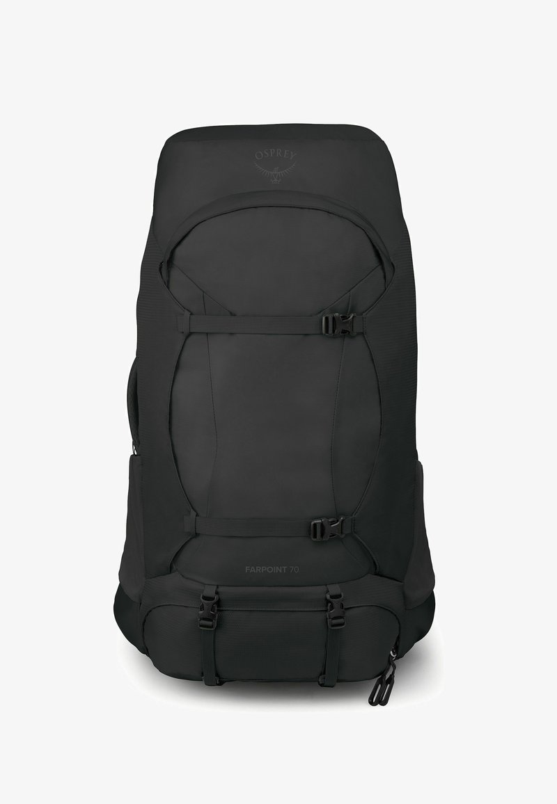 Zwarte Osprey Farpoint 70 reistas met compressieriemen, voorvak en met rits afsluitbaar ondervak.