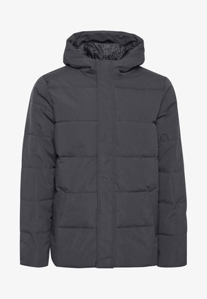 Jachetă puffer de culoare gri închis, cu glugă, cu panouri cusute, fermoar frontal și buzunare laterale. Fabricată dintr-un material neted cu finisaj mat.