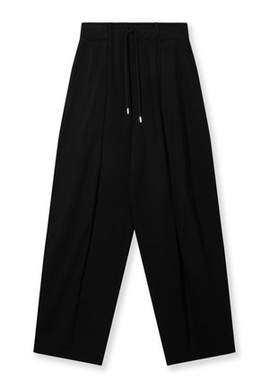 Pantaloni neri a gamba larga con vita elastica e cordoncini neri, mostrati distesi su uno sfondo bianco.