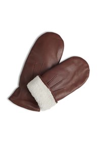 Brown leather mittens with a cream faux fur cuff. Features include stitched accents on the back and a smooth finish.