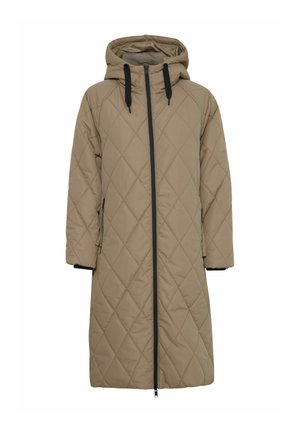 Manteau matelassé mi-long en khaki avec capuche, doté d'une fermeture éclair à l'avant et d'accents noirs. Le tissu a une texture lisse et des motifs en losange.