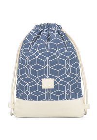 Drawstring backpack in blue fabric featuring a white geometric pattern, with a cream-colored base and matching cord straps.