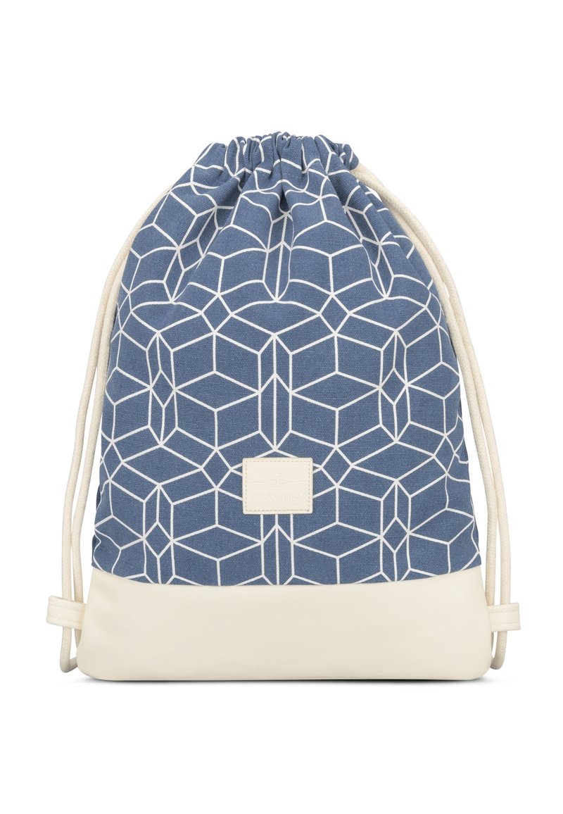Drawstring backpack in blue fabric featuring a white geometric pattern, with a cream-colored base and matching cord straps.