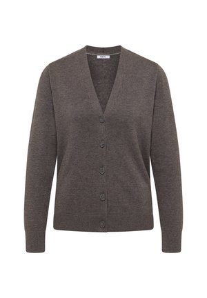 Cardigan marrone con scollo a V, maniche lunghe e cinque bottoni frontali, realizzato in un morbido tessuto a maglia, etichettato "Cecil."