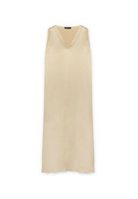 Hame slevet beige, design V-neck, dibuat dari kain halus, potongan lurus, sedikit hem bergelombang, detail minimal, tekstur polos.