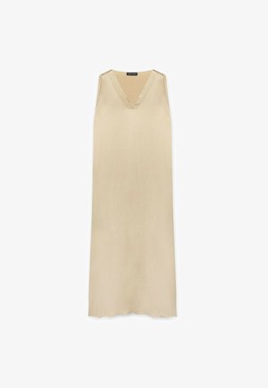 Rochie bej fără mâneci, design cu decolteu în V, realizată dintr-un material neted, croială dreaptă, ușor ondulată la margine, detalii minime, textură uniformă.