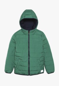 Zielona kurtka puchowa z kapturem, z zamkiem błyskawicznym, granatowym wnętrzem i poziomym przeszyciem. Posiada dwie boczne kieszenie.