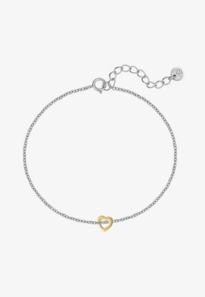 Sølvkæde ankelkæde med justerbar lås og et lille gyldent hjertevedhæng trådet på kæden.
