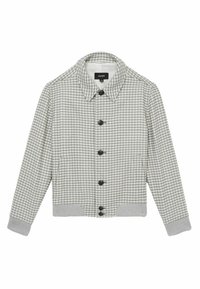 Chaqueta gris de espiga con cierre de botones en la parte delantera, cuello y puños y dobladillo acanalados. Presenta botones negros y bolsillos laterales. Textura suave.