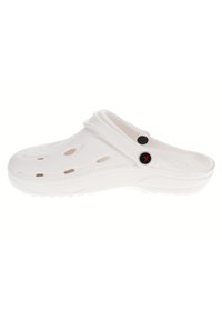 White lightweight clog made of rubber-like material, featuring ventilation holes, a contoured design, and a black circular logo accent.