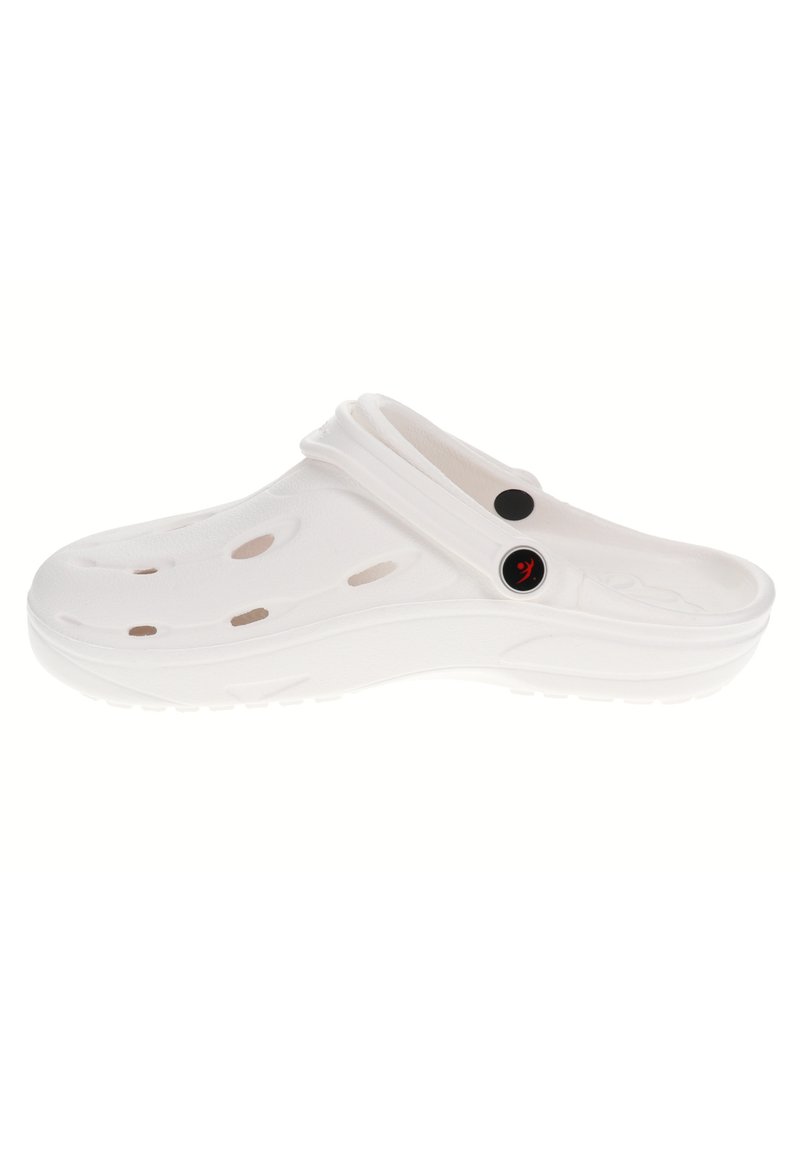 White lightweight clog made of rubber-like material, featuring ventilation holes, a contoured design, and a black circular logo accent.