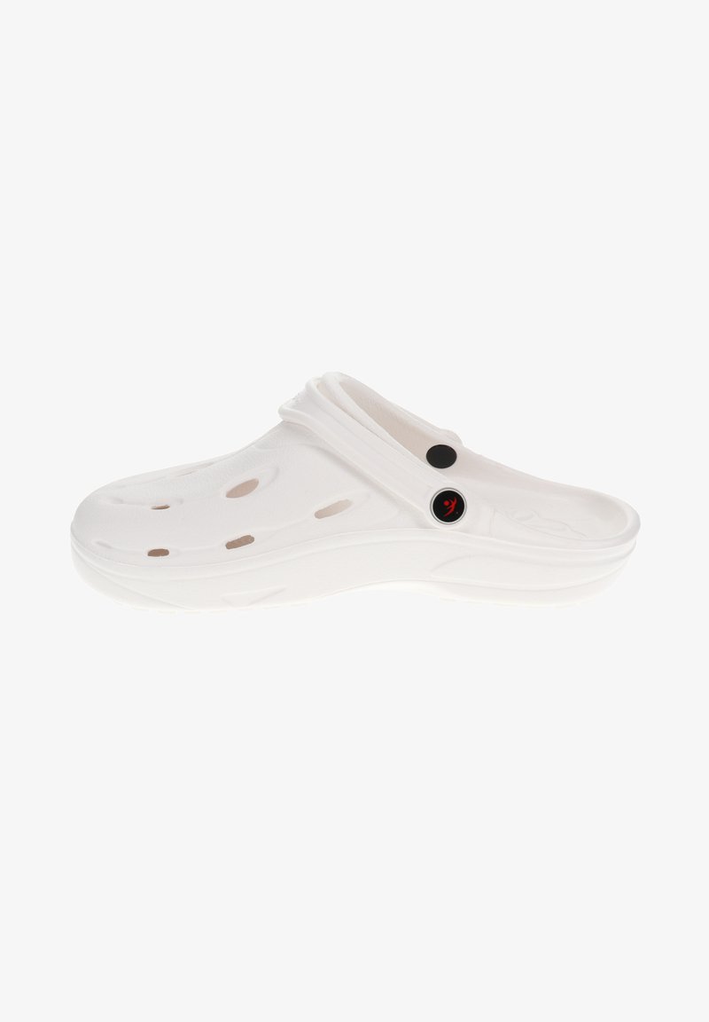 White lightweight clog made of rubber-like material, featuring ventilation holes, a contoured design, and a black circular logo accent.