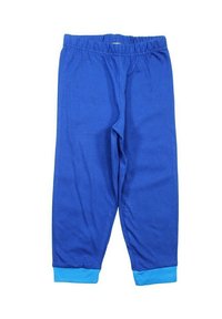 Pantalon en coton bleu avec une taille élastique. Bords en bleu clair. Texture lisse, design à jambes droites, style décontracté.