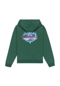 Sudadera verde con un círculo de llamas azules y un logo de Quiksilver en rosa centrado en la parte trasera, con mangas largas y capucha.