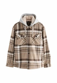 Kurtka w kratę w kolorze beżowo-brązowym, z jasnoszarym kapturem, dwoma kieszeniami na piersi, z zapięciem na guziki i miękkim, teksturowanym materiałem.