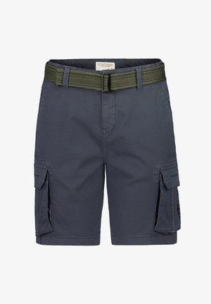Navy cargo shorts with standard pockets, side cargo pockets, and a green woven belt. Made from durable fabric with a smooth texture.