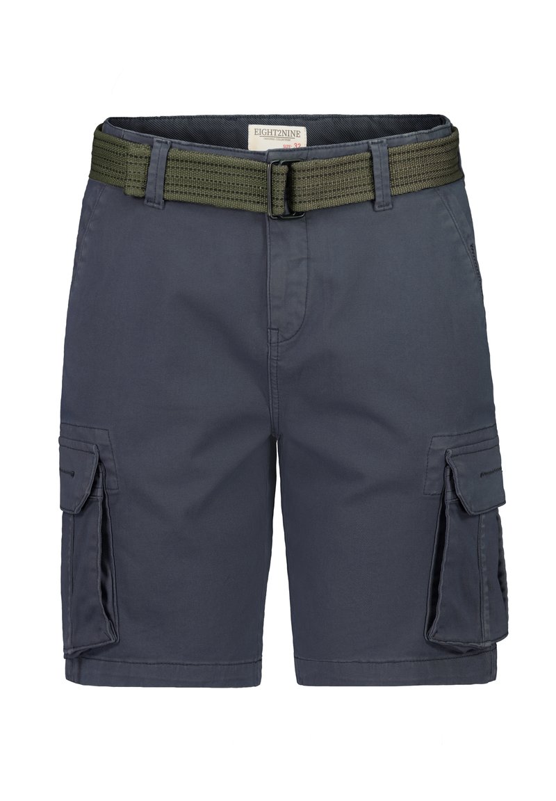 Navy cargo shorts with standard pockets, side cargo pockets, and a green woven belt. Made from durable fabric with a smooth texture.