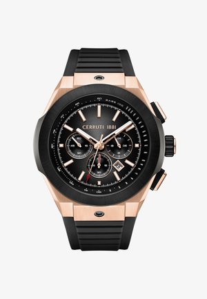 Orologio cronografo da uomo Cerruti 1881 con quadrante nero, cassa in oro rosa, tre quadranti secondari, finestra della data alle 4 e cinturino in gomma nero.