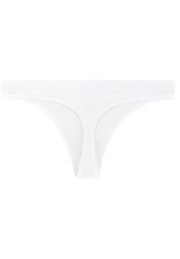 Perizoma di cotone bianco con texture liscia, fascia elastica in vita e design a copertura minima. Non ci sono motivi o dettagli visibili.