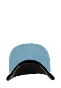 Blue suede baseball cap with a black underside and gray accents. Features a flat brim and stitched detailing throughout.