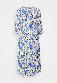 Bloemenjurk met een mix van blauw, lavendel en groene kleuren op een lichte achtergrond. Driekwart mouwen en een keyhole-uitsnijding.