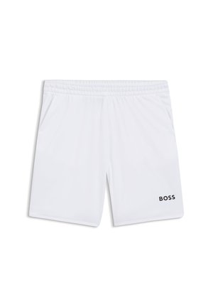 Pantaloncini sportivi bianchi con vita elastica e tasche laterali, caratterizzati da un piccolo logo "BOSS" sulla gamba sinistra inferiore.