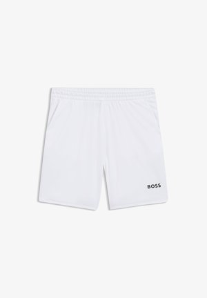 White athletic shorts with elastic waistband and side pockets, featuring small "BOSS" logo on the lower left leg.