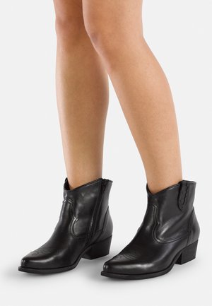 Black leather ankle boots with a pointed toe, low heel, zip closure, and decorative stitching on the upper. Smooth texture and fitted design.
