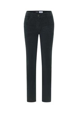 Svart kordflorsebyxor med slim fit, femficksdesign och en enkel framknappstängning med dragkedja. Mjuk textur och rak ben.