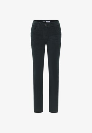 Schwarze Cordhosen mit schlanker Passform, fünf Taschen, einem einzelnen vorderen Knopfverschluss und einem Reißverschluss. Weicher Stoff und gerades Bein.