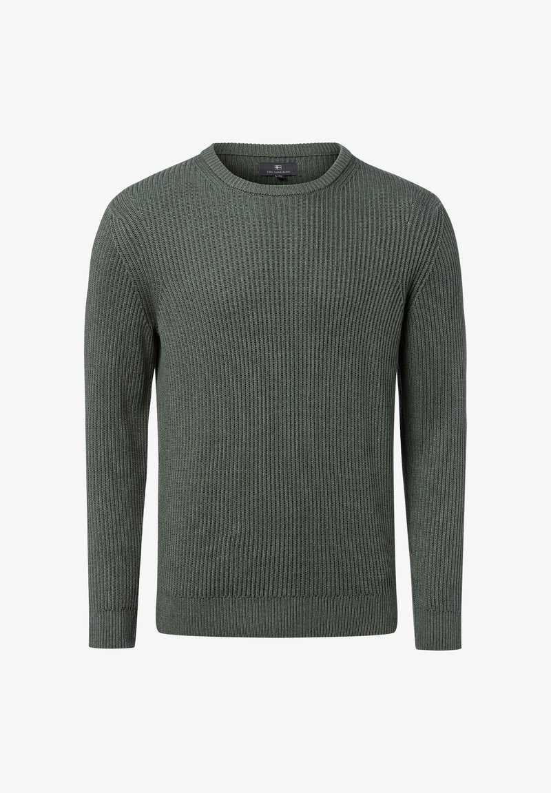 Pull en maille côtelée verte avec un col rond et des manches longues. Fabriqué en matériau texturé, il présente un ourlet et des poignets ajustés.