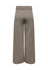 Grå vide bukser med elastisk talje, med en glat tekstur og uden synlige mønstre eller hardware.