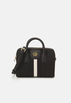 Black handbag made from durable fabric, featuring a structured shape, gold hardware, and a central white stripe design. Includes a removable strap.