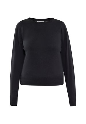 Maglione nero a maniche lunghe con scollo a girocollo, polsini e orlo a coste, mostrato su sfondo bianco.