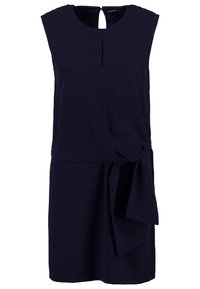 Robe sans manches bleu marine foncé avec col rond, détail œillet devant et accent nœud en tissu sur le côté droit à la taille.